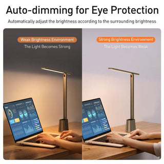 Baseus Portable LED Desk Lamp Auto-Dimming Light Foldable Rechargeable 2000mAh - product details adjust brightness - b.savvi