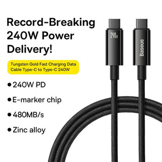 Baseus Tungsten 240W USB C to USB C Braided Cable 48V/5A PD3.1 Fast Charging - product details bulletpoints - b.savvi