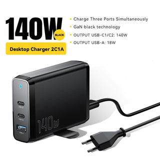 Essager 140W GaN3 USB C Desktop Charger - product variant black front angled view eu plug - b.savvi
