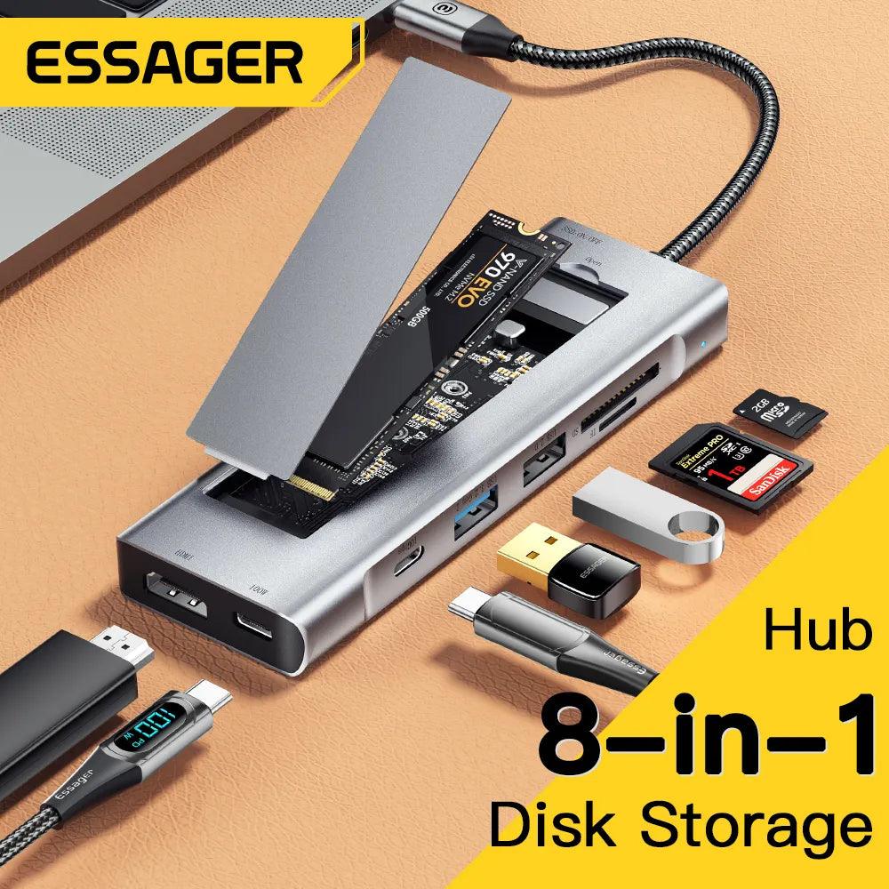 ESSAGER 8 in 1 USB C Hub with M.2 SSD Enclosure, 4K HDMI, USB 3.2 Gen2,  100W PD, Aluminum Alloy Enclosure for PCIe NVMe and SATA SSDs