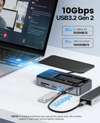 ORICO 10-in-1 USB C Hub with 10Gbps M.2 NVMe SSD Enclosure, Built-In Cooling Fan - product details 10gbps speeds - b.savvi