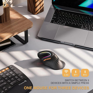 ProtoArc Ergonomic Vertical Wireless Bluetooth RGB Mouse - product details connect 3 devices - b.savvi