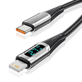 Essager LED Display USB C to Lightning Cable 20W PD Fast Charge - product variant black front angled view - b.savvi